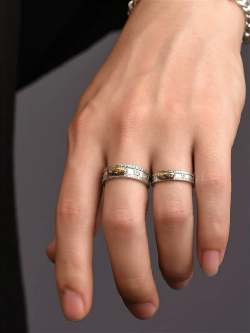 Fashion 925 Silver Ring For Men Women Jewelry Vintage Six Character Great Bright Mantra Gold Pixiu Ring Male Finger Accessories