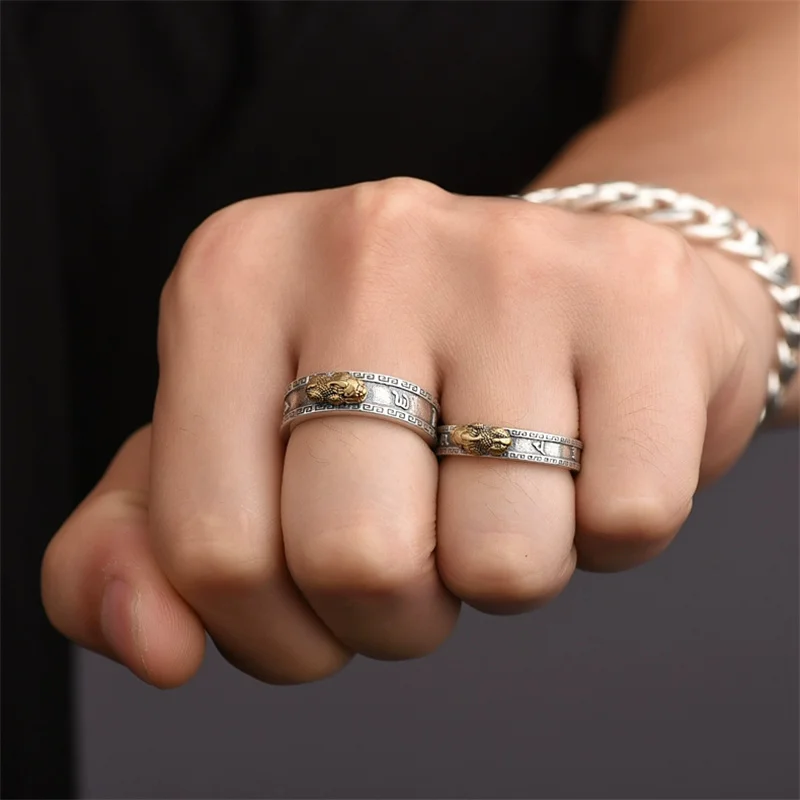 Fashion 925 Silver Ring For Men Women Jewelry Vintage Six Character Great Bright Mantra Gold Pixiu Ring Male Finger Accessories