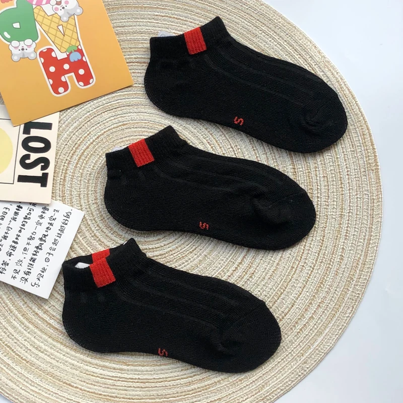 Children's Black Short Socks Pure Cotton Spring Summer Thin Style Boys and Girls Kids Sweat Absorbing and Breathable Socks