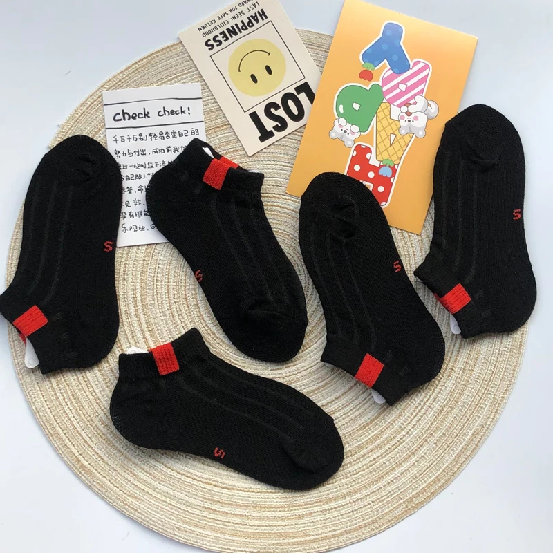 Children's Black Short Socks Pure Cotton Spring Summer Thin Style Boys and Girls Kids Sweat Absorbing and Breathable Socks