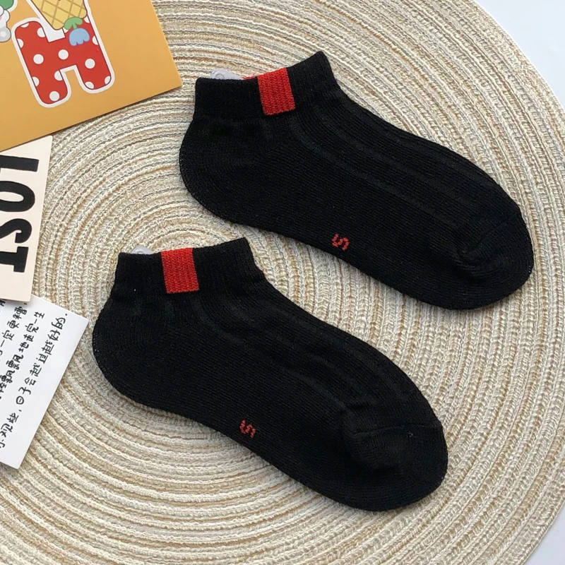 Children's Black Short Socks Pure Cotton Spring Summer Thin Style Boys and Girls Kids Sweat Absorbing and Breathable Socks