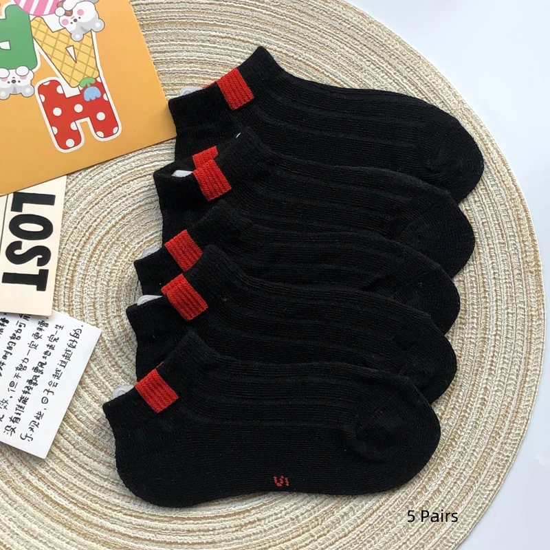 Children's Black Short Socks Pure Cotton Spring Summer Thin Style Boys and Girls Kids Sweat Absorbing and Breathable Socks
