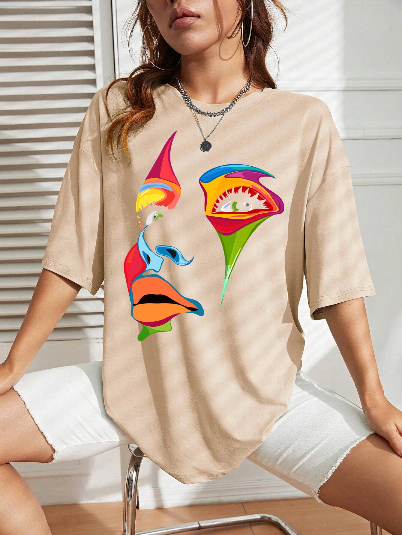 Painted Lady Face Personality Design Print T Shirt Female Street Comfortable T-Shirt Soft Casual Tops Breathable Short Sleeve