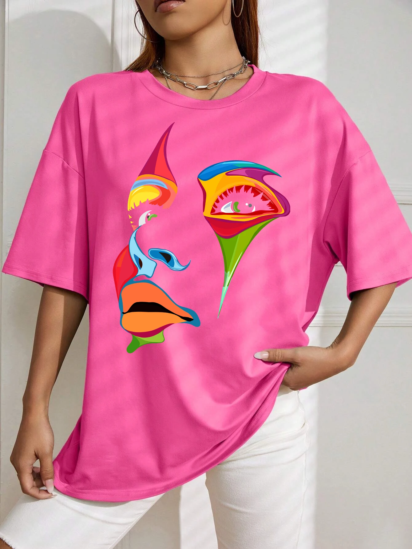 Painted Lady Face Personality Design Print T Shirt Female Street Comfortable T-Shirt Soft Casual Tops Breathable Short Sleeve
