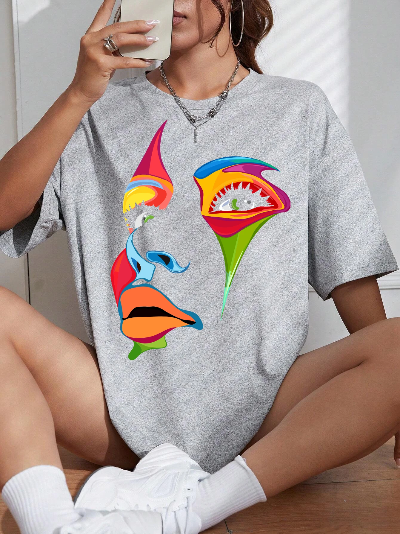 Painted Lady Face Personality Design Print T Shirt Female Street Comfortable T-Shirt Soft Casual Tops Breathable Short Sleeve