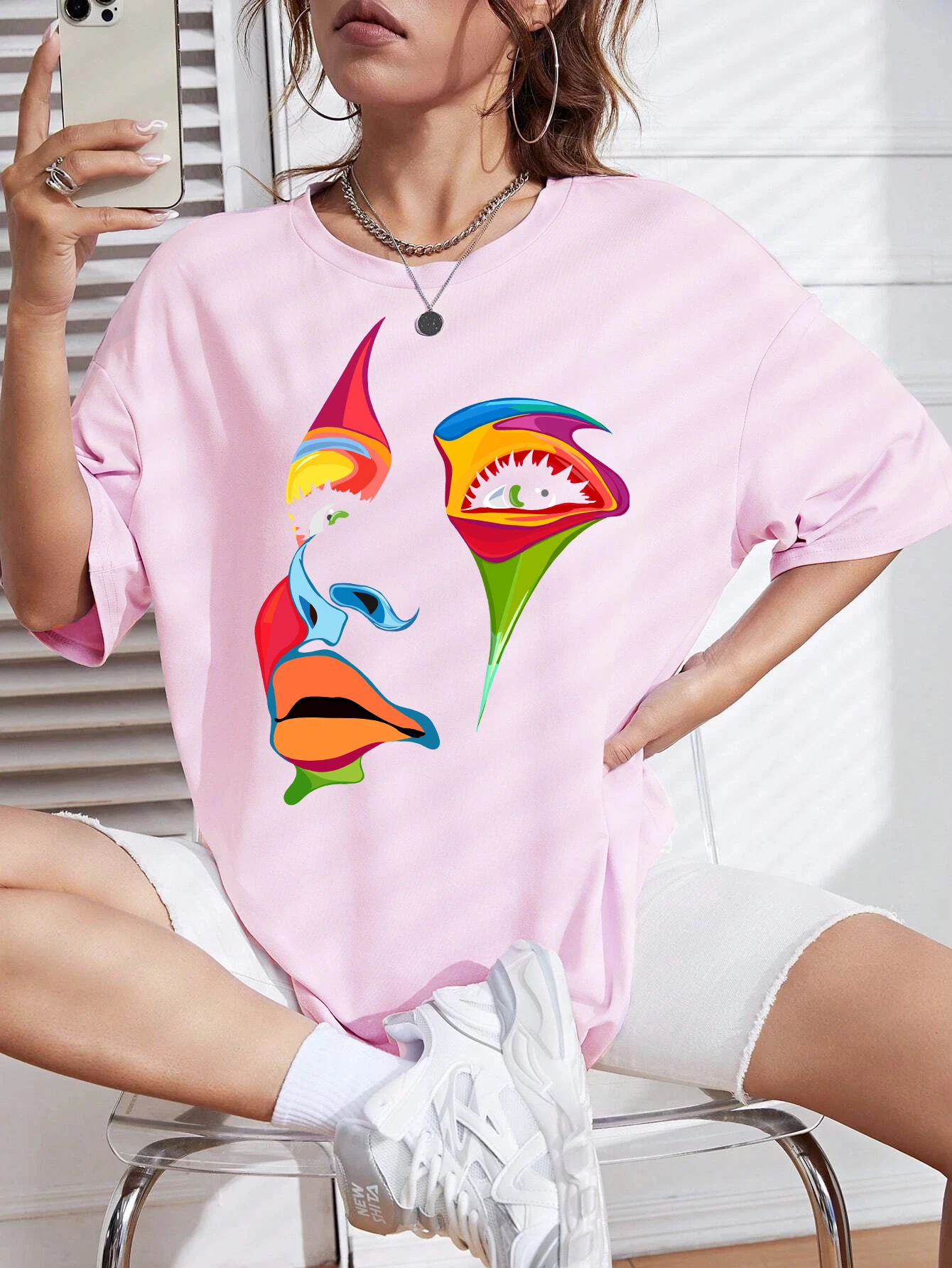 Painted Lady Face Personality Design Print T Shirt Female Street Comfortable T-Shirt Soft Casual Tops Breathable Short Sleeve