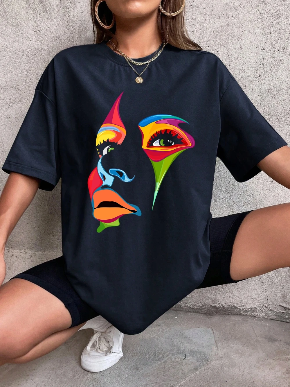 Painted Lady Face Personality Design Print T Shirt Female Street Comfortable T-Shirt Soft Casual Tops Breathable Short Sleeve