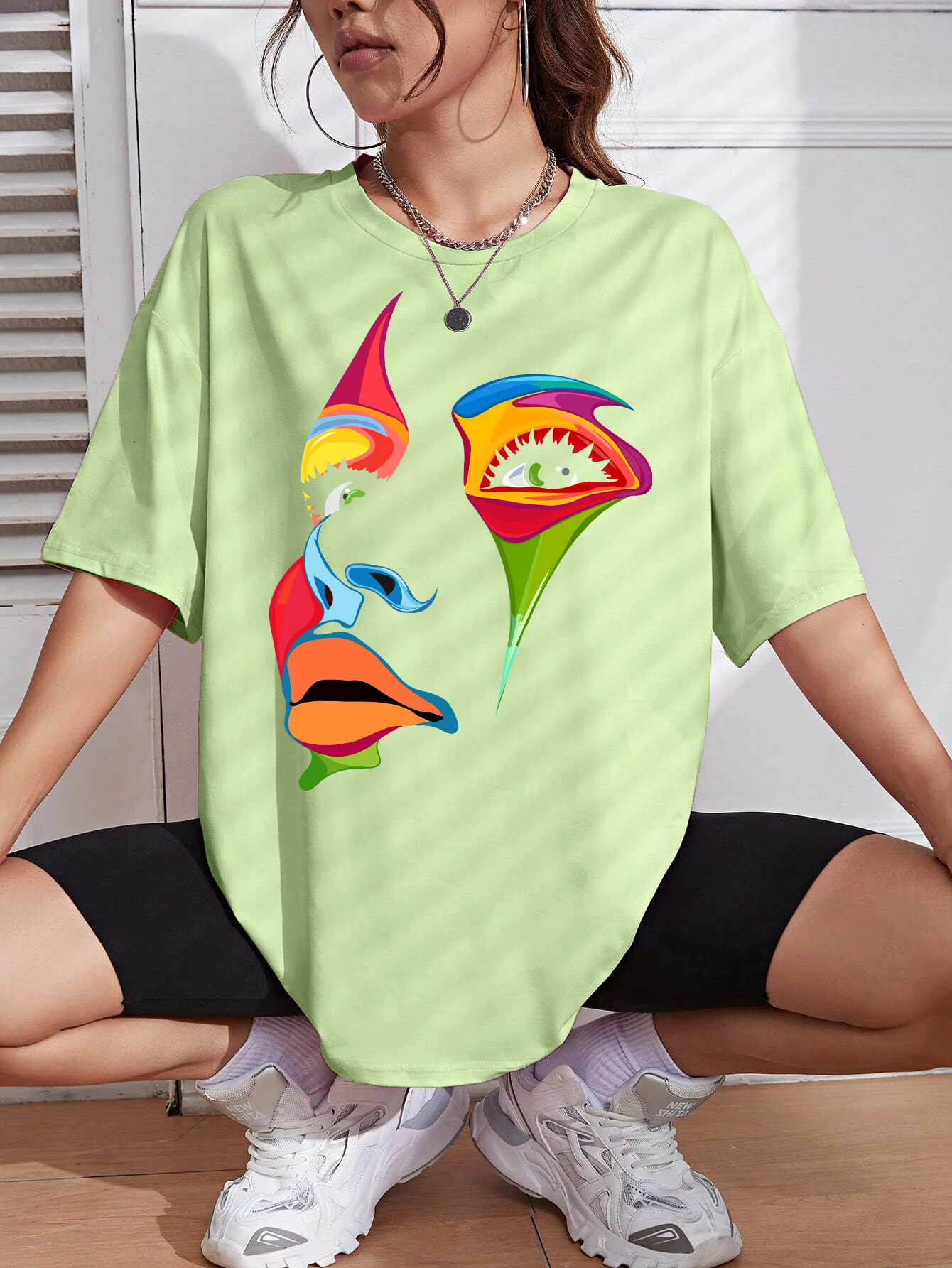 Painted Lady Face Personality Design Print T Shirt Female Street Comfortable T-Shirt Soft Casual Tops Breathable Short Sleeve
