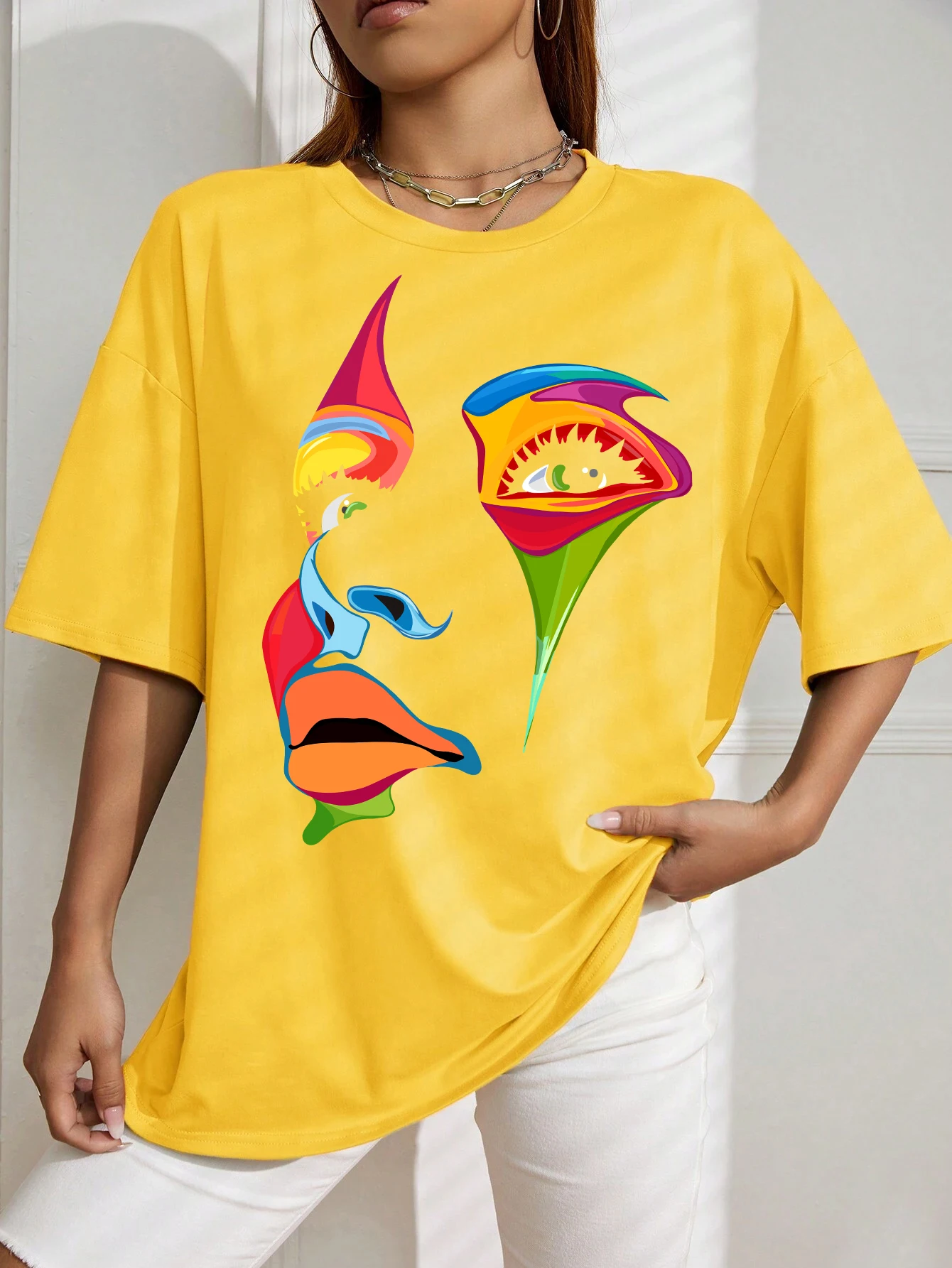 Painted Lady Face Personality Design Print T Shirt Female Street Comfortable T-Shirt Soft Casual Tops Breathable Short Sleeve