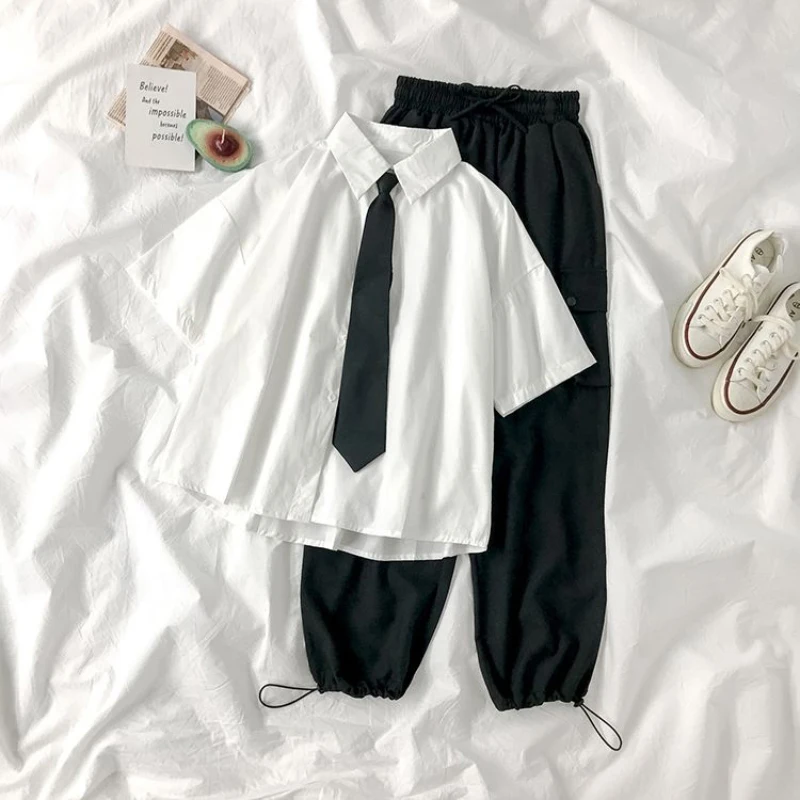 White Shirts Women Fashion Black Tie Japan Style Preppy Students JK Girls Blouse Simple Solid Loose Summer Button Up Tops New