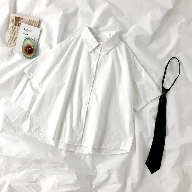 White Shirts Women Fashion Black Tie Japan Style Preppy Students JK Girls Blouse Simple Solid Loose Summer Button Up Tops New