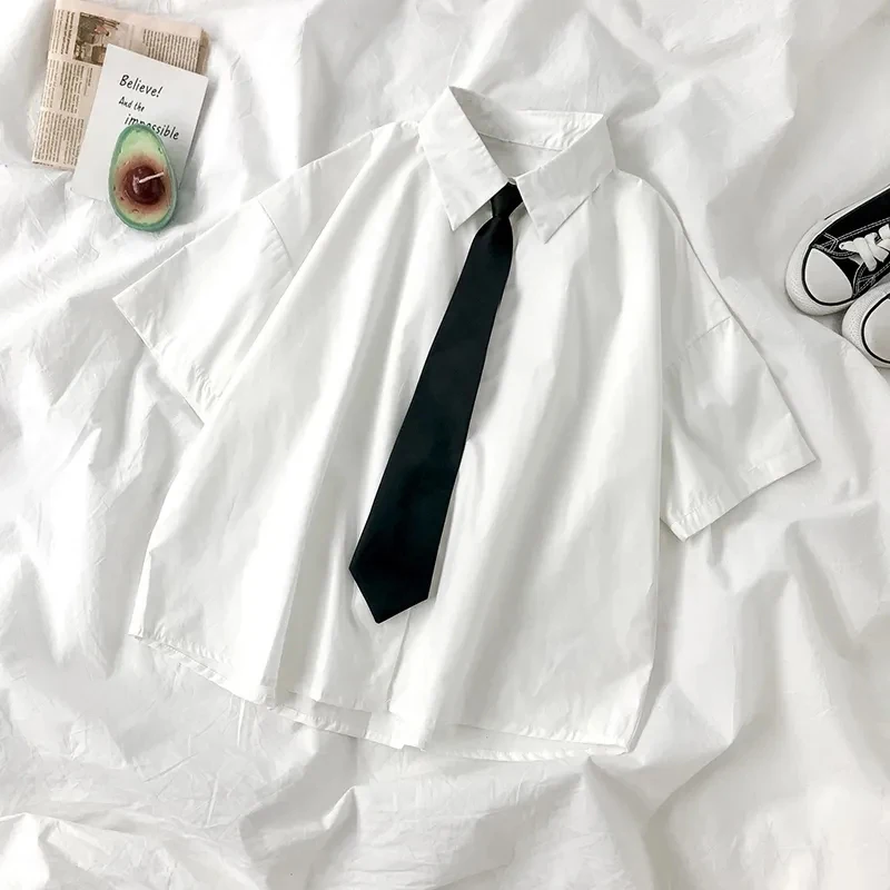 White Shirts Women Fashion Black Tie Japan Style Preppy Students JK Girls Blouse Simple Solid Loose Summer Button Up Tops New