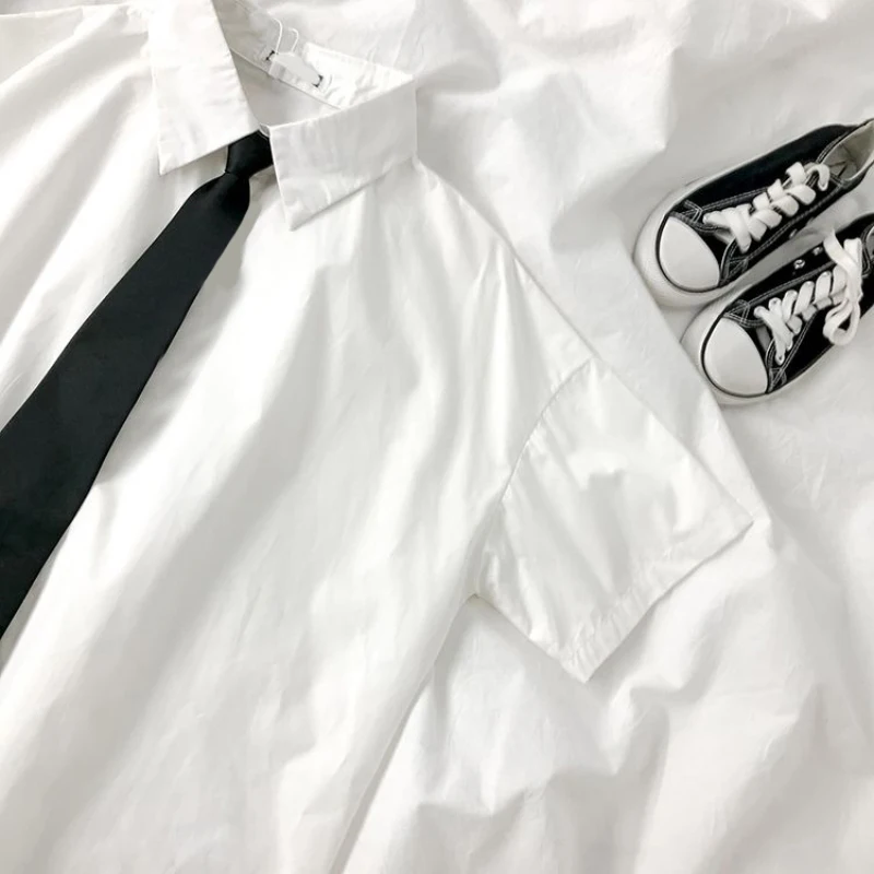 White Shirts Women Fashion Black Tie Japan Style Preppy Students JK Girls Blouse Simple Solid Loose Summer Button Up Tops New