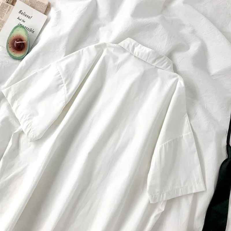 White Shirts Women Fashion Black Tie Japan Style Preppy Students JK Girls Blouse Simple Solid Loose Summer Button Up Tops New