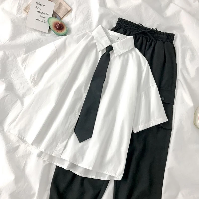 White Shirts Women Fashion Black Tie Japan Style Preppy Students JK Girls Blouse Simple Solid Loose Summer Button Up Tops New