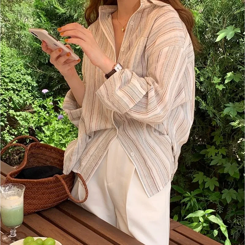 Casual Loose Shirts for Women Striped Sunscreen Shirt with Pocket Button Clothes New Fashion 2025 Spring 781