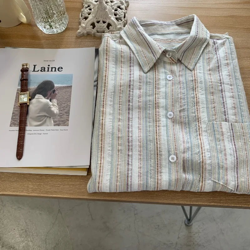 Casual Loose Shirts for Women Striped Sunscreen Shirt with Pocket Button Clothes New Fashion 2025 Spring 781