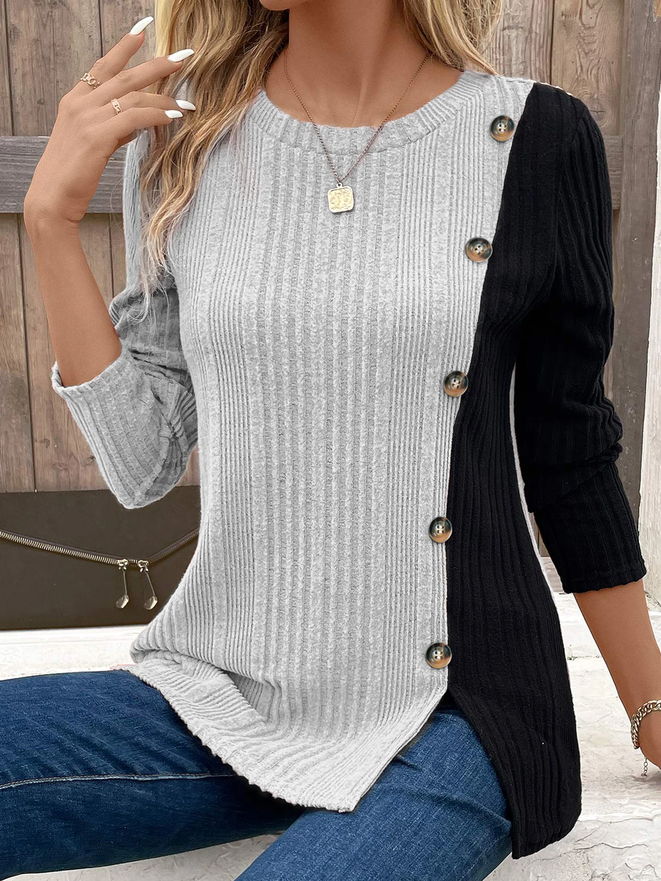 Ribbed Colorblock Button Decor T-Shirt,Casual Long Sleeve Top For Spring & Fall,Women's Clothing
