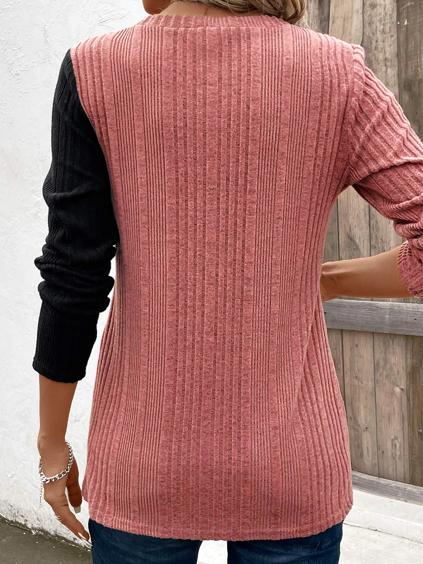 Ribbed Colorblock Button Decor T-Shirt,Casual Long Sleeve Top For Spring & Fall,Women's Clothing