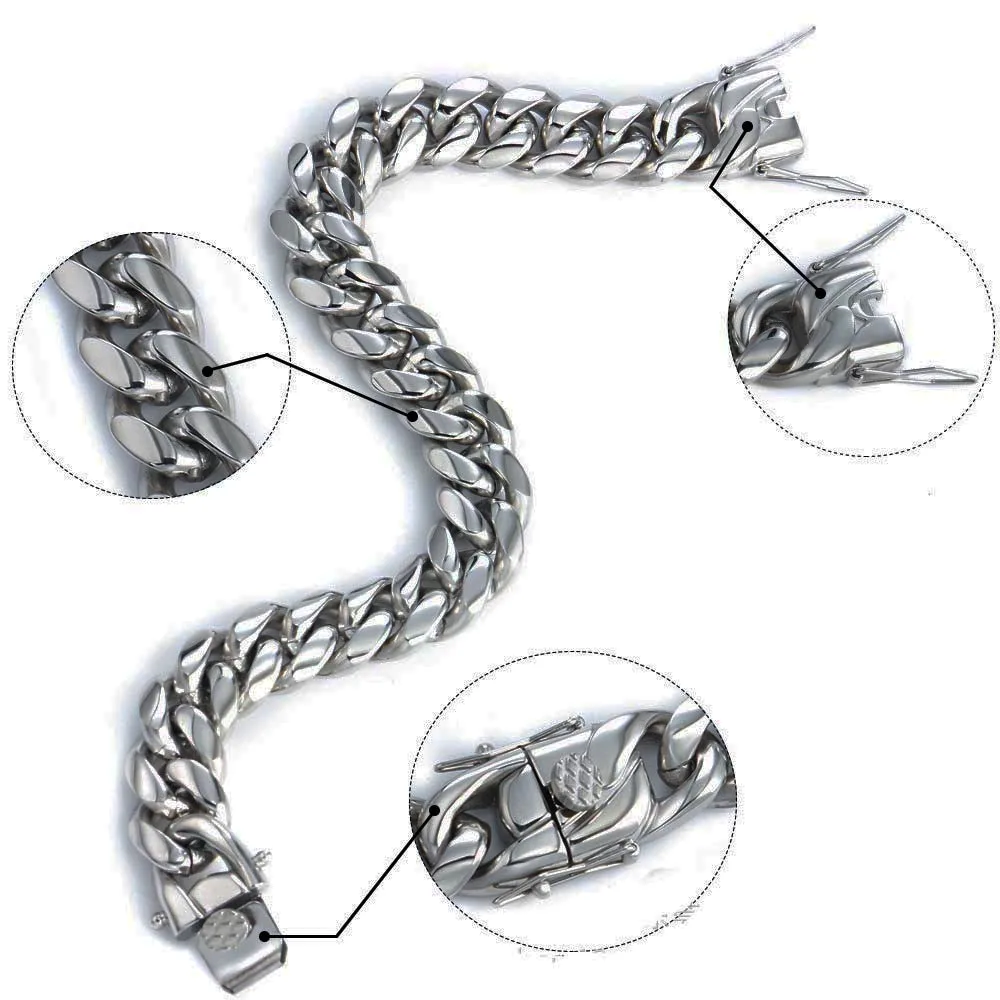 Top Quality Stainless Steel Miami Curb Cuban Chain Bracelet Hip Hop Rocker Women Mens Unisex Jewelry 8/10/12/14mm