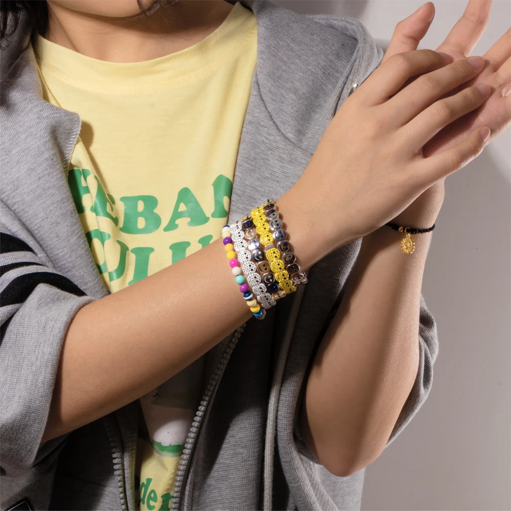 2024 New Gold Color Bangle Happy Elastic Bracelets For Women Beaded Accessory