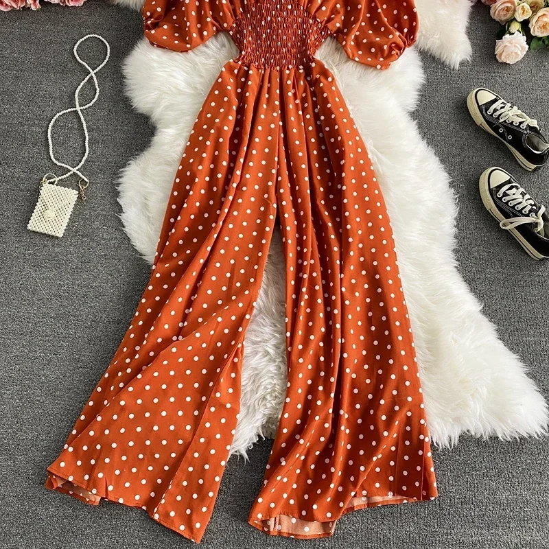 Autumn Sexy Polka Dot Romper Women Elegant V-Neck Puff Short Sleeve High Waist Jumpsuit Female Loose Wide Leg Playsuits Fashion