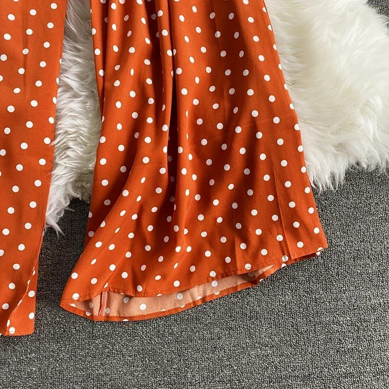 Autumn Sexy Polka Dot Romper Women Elegant V-Neck Puff Short Sleeve High Waist Jumpsuit Female Loose Wide Leg Playsuits Fashion