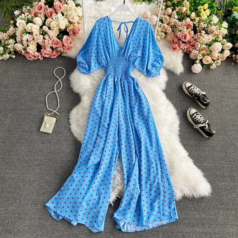 Autumn Sexy Polka Dot Romper Women Elegant V-Neck Puff Short Sleeve High Waist Jumpsuit Female Loose Wide Leg Playsuits Fashion