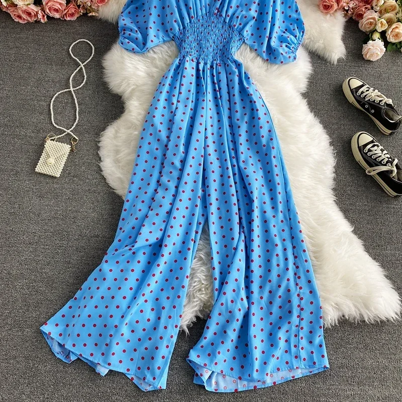 Autumn Sexy Polka Dot Romper Women Elegant V-Neck Puff Short Sleeve High Waist Jumpsuit Female Loose Wide Leg Playsuits Fashion