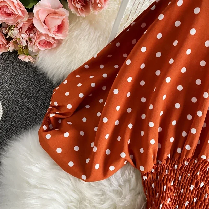 Autumn Sexy Polka Dot Romper Women Elegant V-Neck Puff Short Sleeve High Waist Jumpsuit Female Loose Wide Leg Playsuits Fashion