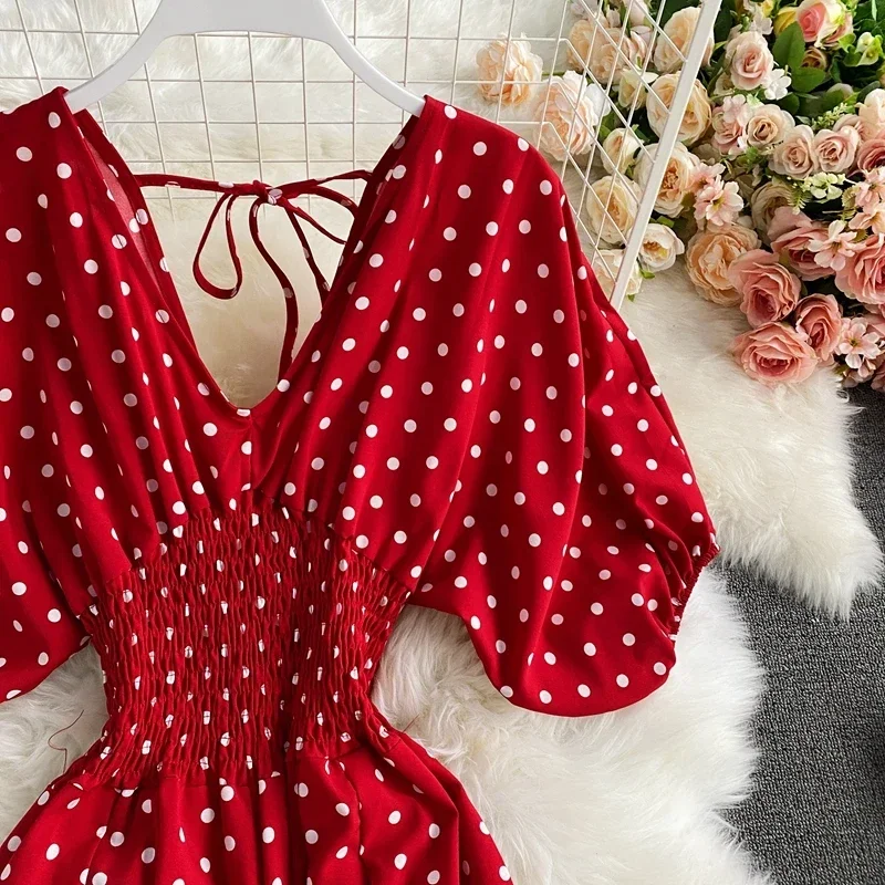 Autumn Sexy Polka Dot Romper Women Elegant V-Neck Puff Short Sleeve High Waist Jumpsuit Female Loose Wide Leg Playsuits Fashion