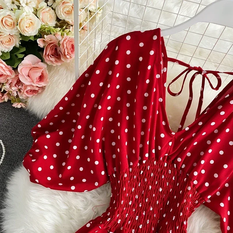Autumn Sexy Polka Dot Romper Women Elegant V-Neck Puff Short Sleeve High Waist Jumpsuit Female Loose Wide Leg Playsuits Fashion