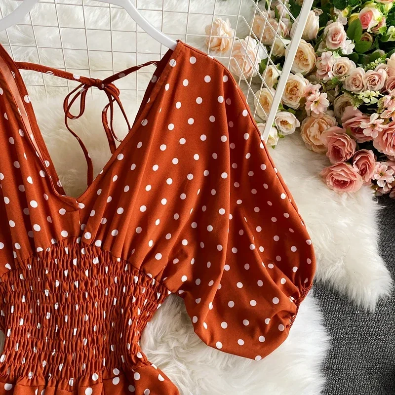 Autumn Sexy Polka Dot Romper Women Elegant V-Neck Puff Short Sleeve High Waist Jumpsuit Female Loose Wide Leg Playsuits Fashion