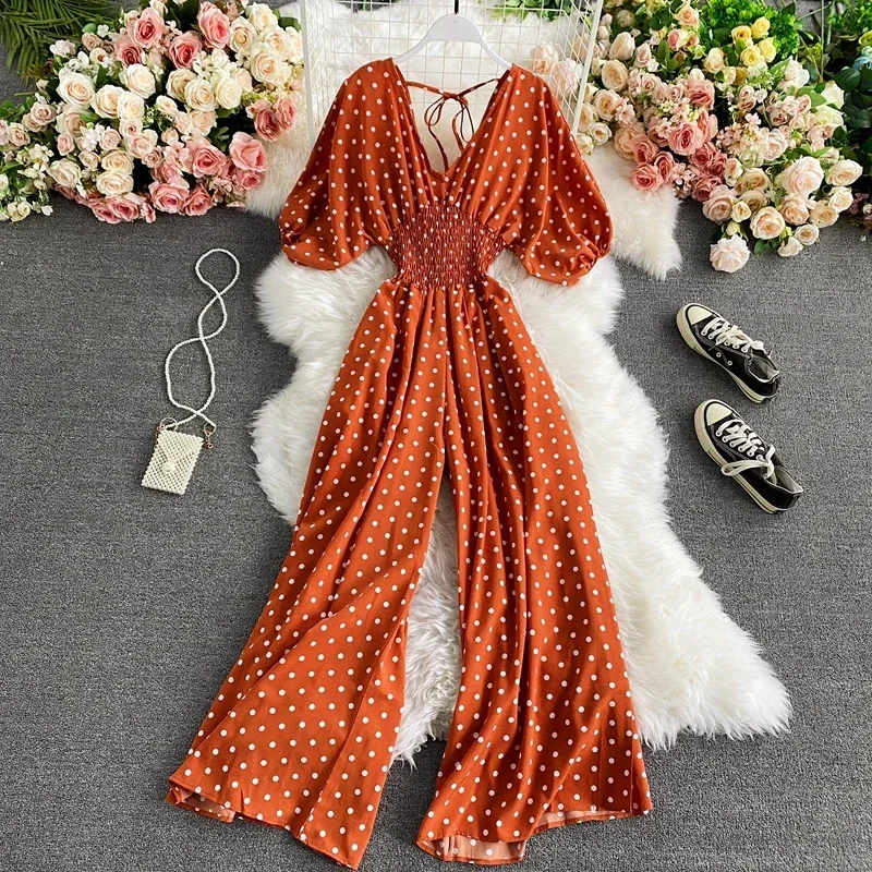 Autumn Sexy Polka Dot Romper Women Elegant V-Neck Puff Short Sleeve High Waist Jumpsuit Female Loose Wide Leg Playsuits Fashion