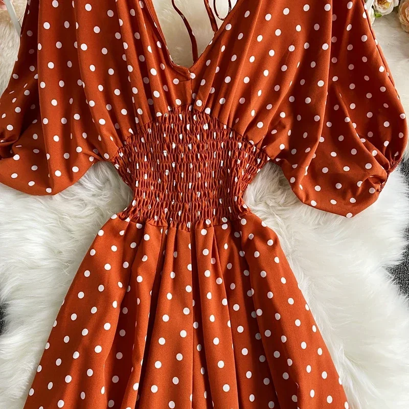 Autumn Sexy Polka Dot Romper Women Elegant V-Neck Puff Short Sleeve High Waist Jumpsuit Female Loose Wide Leg Playsuits Fashion