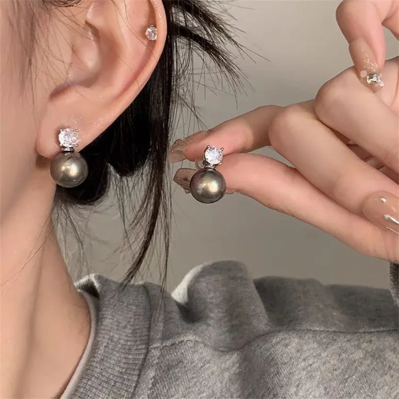 Senlissi- New Retro Palace Dark Grey Stud Earrings for Women 8-12mm 6A Grade Zircon S925 Sterling Silver Womens Jewelry Gifts