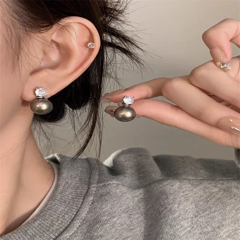 Senlissi- New Retro Palace Dark Grey Stud Earrings for Women 8-12mm 6A Grade Zircon S925 Sterling Silver Womens Jewelry Gifts