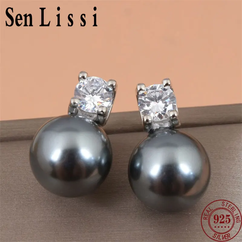 Senlissi- New Retro Palace Dark Grey Stud Earrings for Women 8-12mm 6A Grade Zircon S925 Sterling Silver Womens Jewelry Gifts