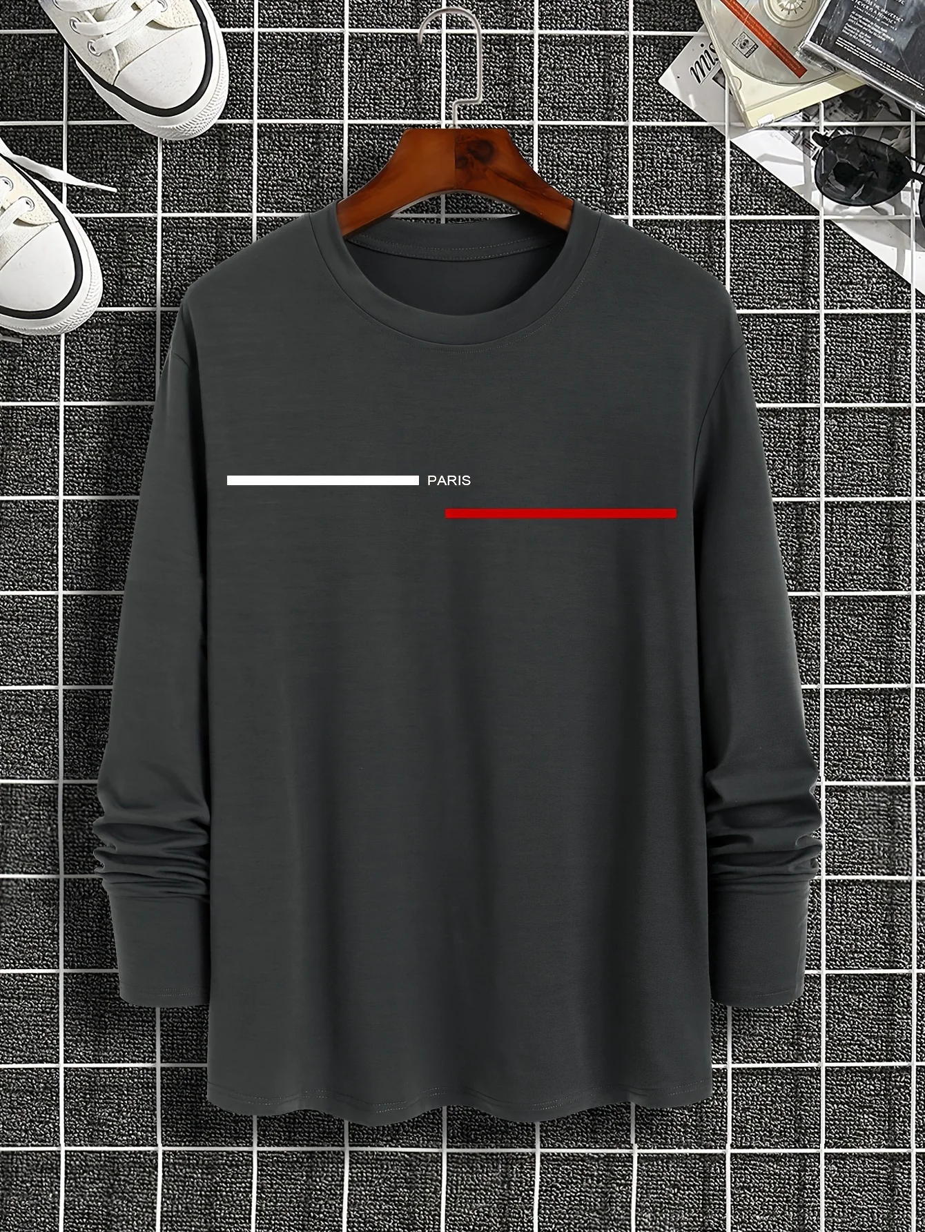 Men's 100% Pure Cotton Loose Fit Plus Size Comfortable Casual Sports Paris Letter Printed Round Neck Long Sleeved T-Shirt Top