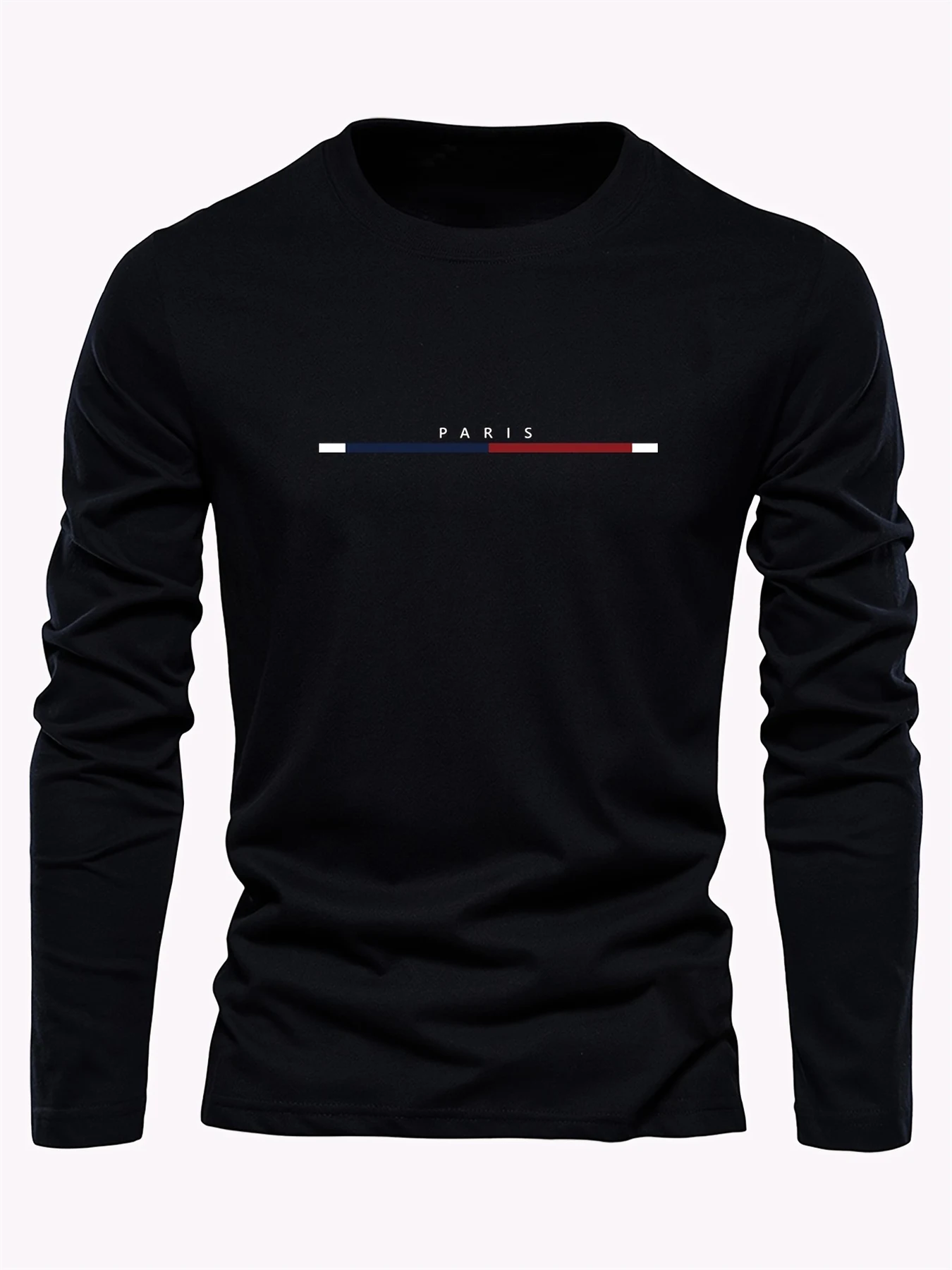 Men's 100% Pure Cotton Loose Fit Plus Size Comfortable Casual Sports Paris Letter Printed Round Neck Long Sleeved T-Shirt Top