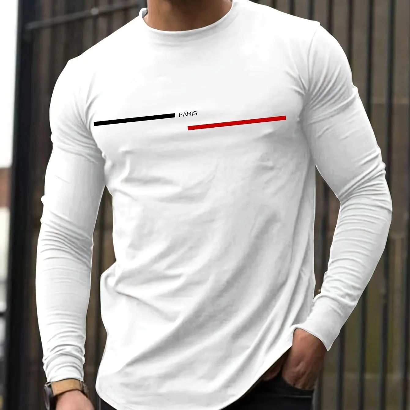 Men's 100% Pure Cotton Loose Fit Plus Size Comfortable Casual Sports Paris Letter Printed Round Neck Long Sleeved T-Shirt Top