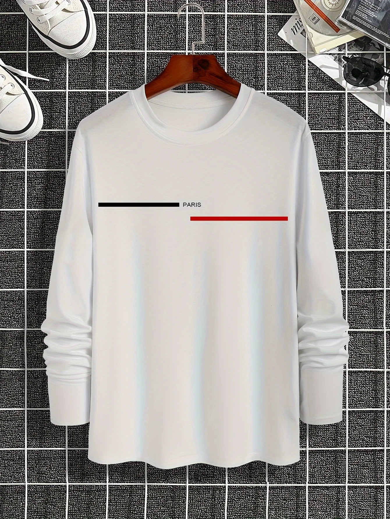 Men's 100% Pure Cotton Loose Fit Plus Size Comfortable Casual Sports Paris Letter Printed Round Neck Long Sleeved T-Shirt Top