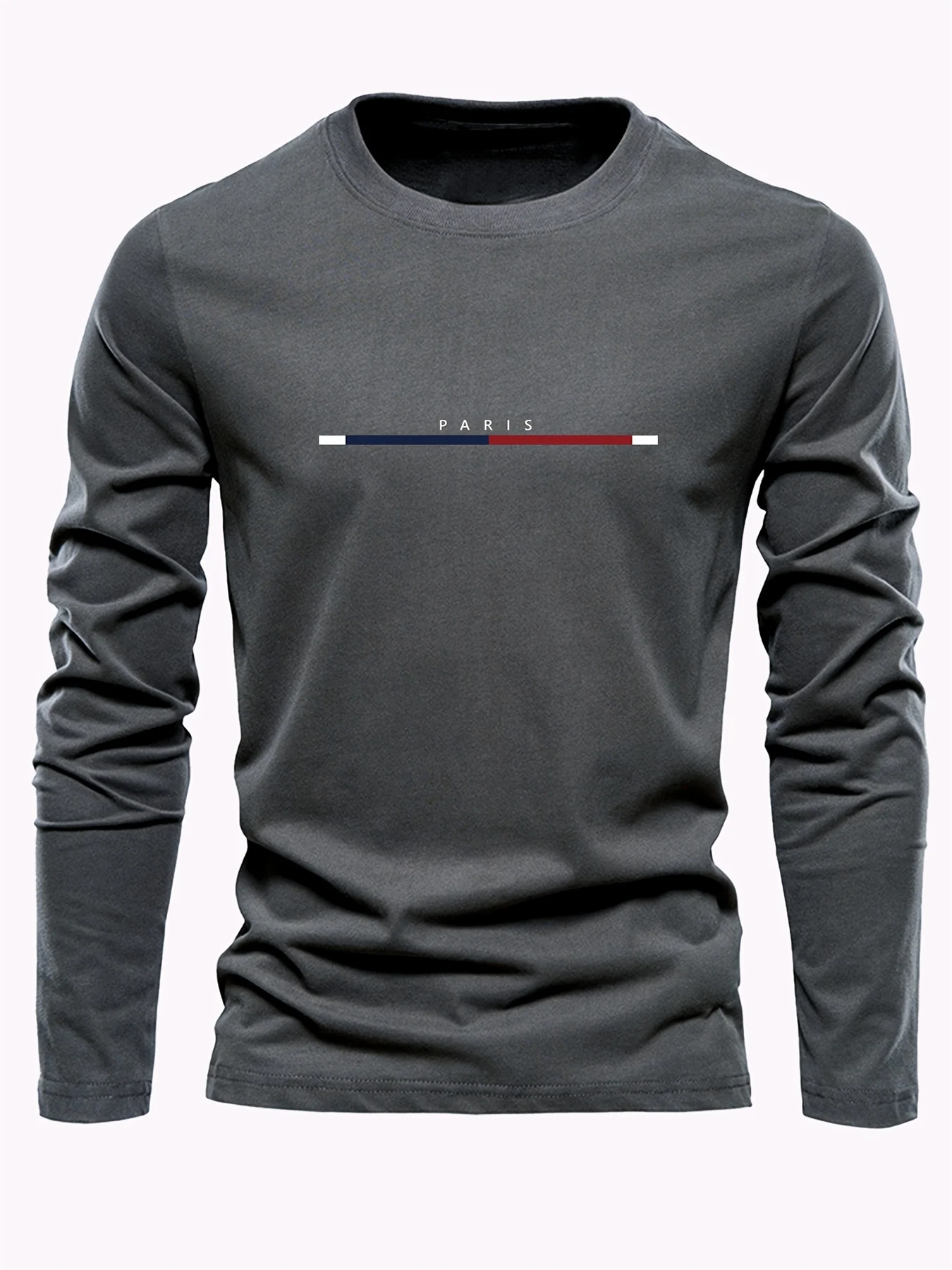 Men's 100% Pure Cotton Loose Fit Plus Size Comfortable Casual Sports Paris Letter Printed Round Neck Long Sleeved T-Shirt Top