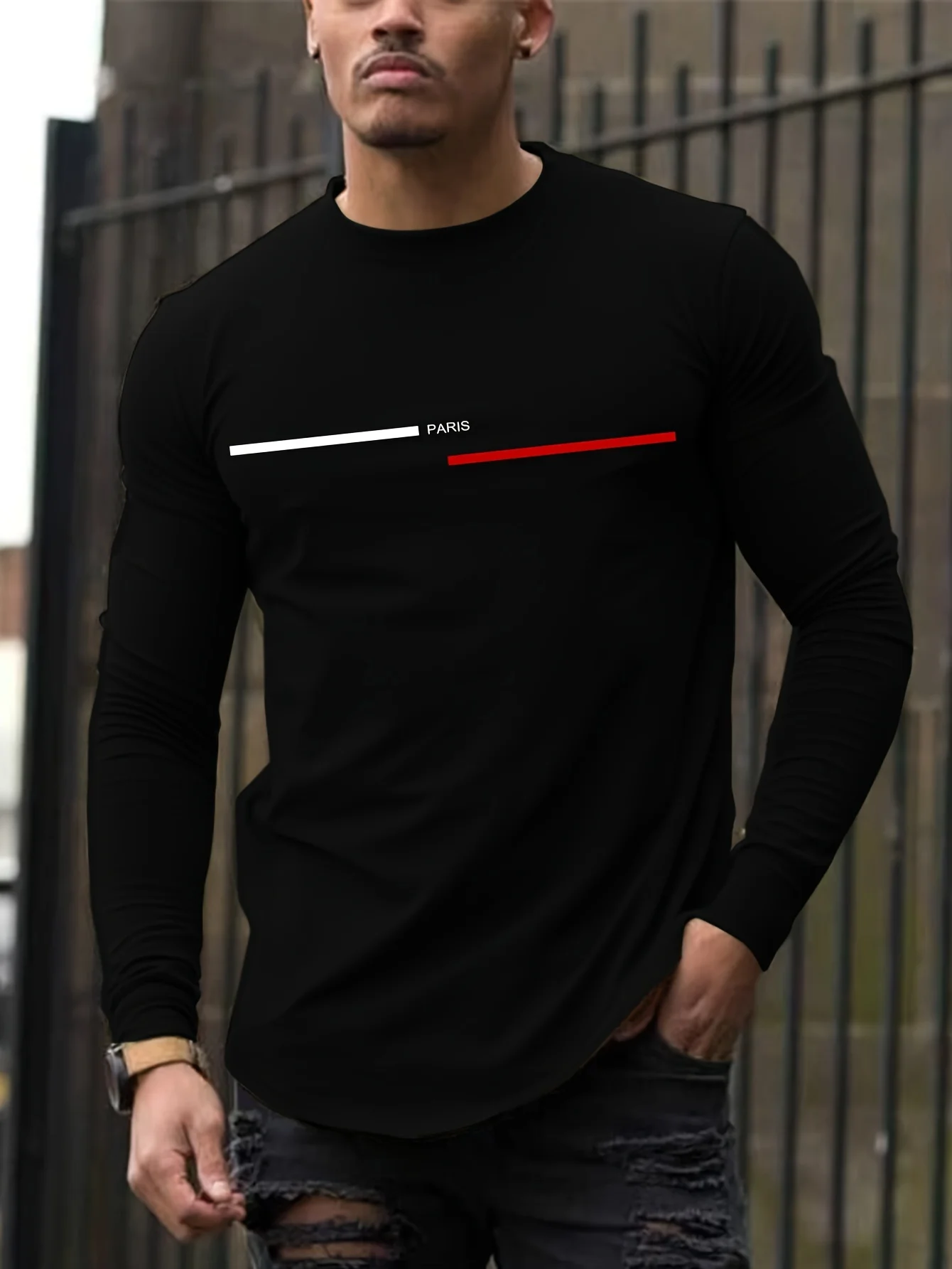 Men's 100% Pure Cotton Loose Fit Plus Size Comfortable Casual Sports Paris Letter Printed Round Neck Long Sleeved T-Shirt Top