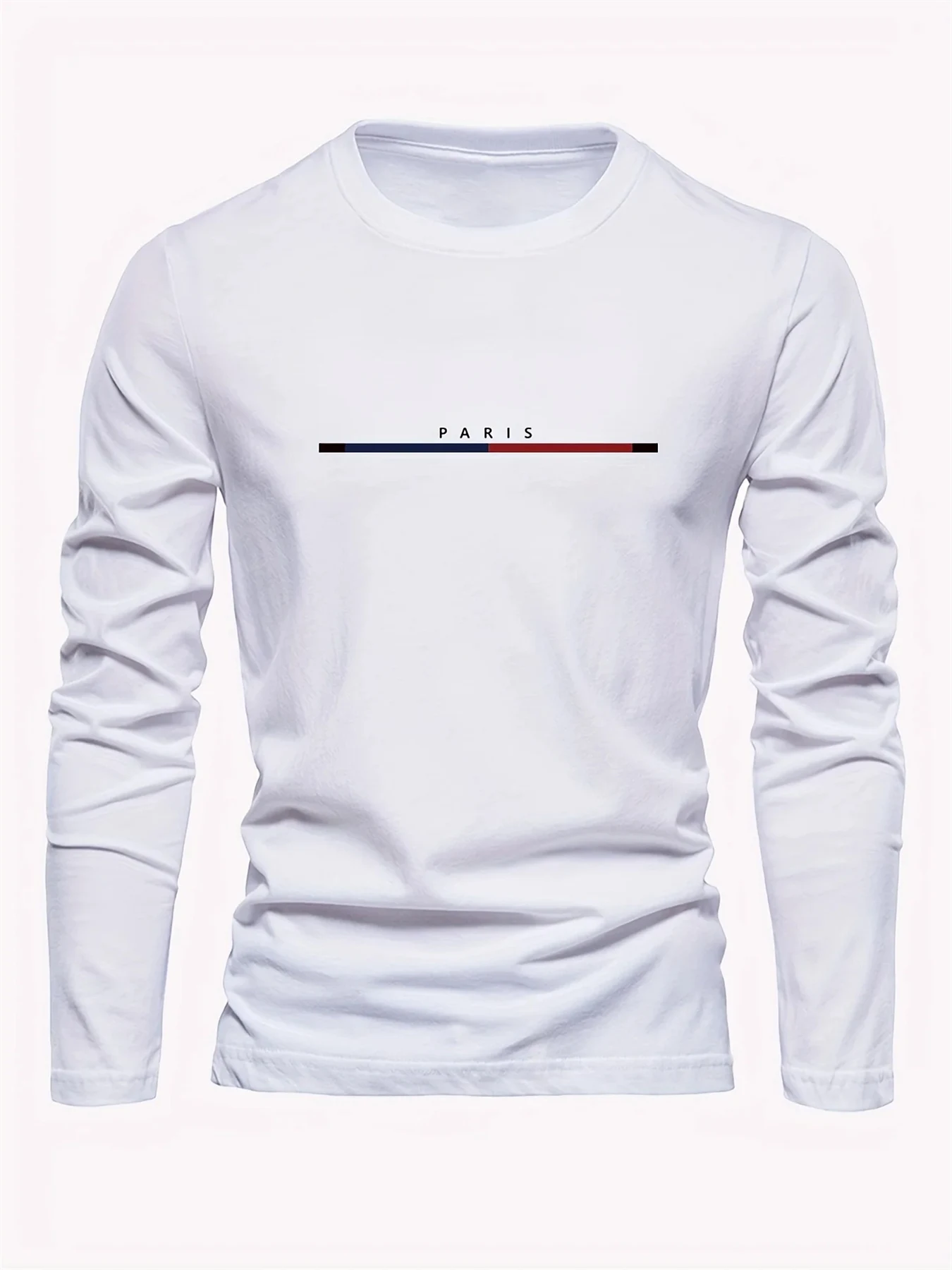 Men's 100% Pure Cotton Loose Fit Plus Size Comfortable Casual Sports Paris Letter Printed Round Neck Long Sleeved T-Shirt Top