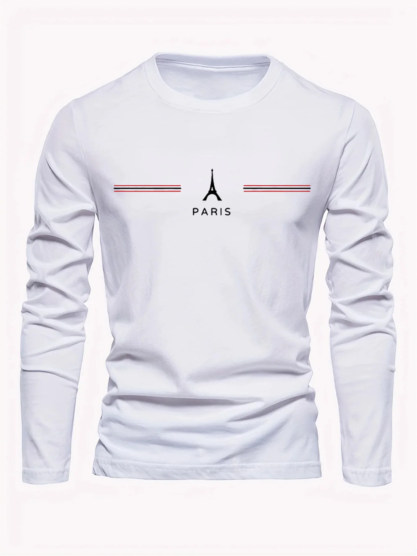 Men's 100% Pure Cotton Loose Fit Plus Size Comfortable Casual Sports Paris Letter Printed Round Neck Long Sleeved T-Shirt Top