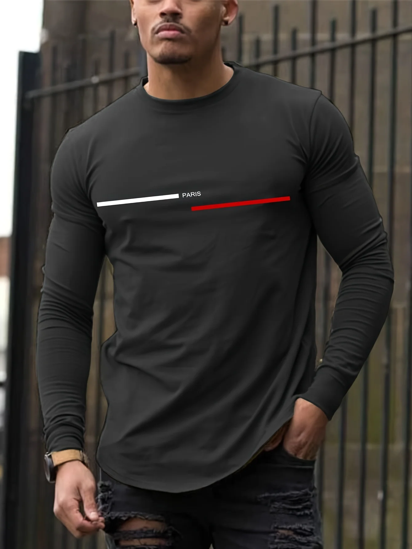 Men's 100% Pure Cotton Loose Fit Plus Size Comfortable Casual Sports Paris Letter Printed Round Neck Long Sleeved T-Shirt Top