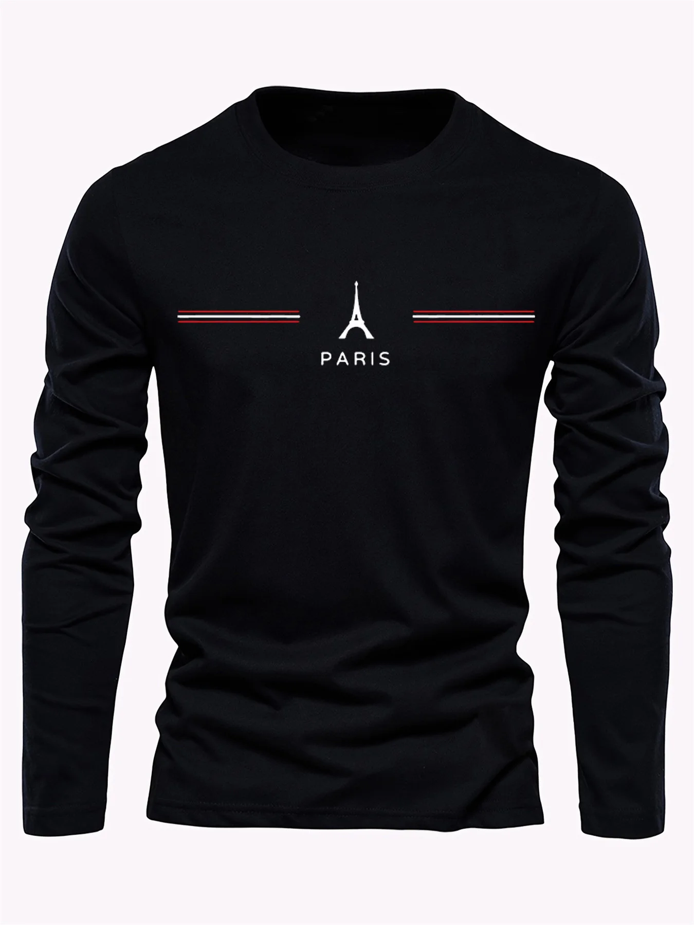 Men's 100% Pure Cotton Loose Fit Plus Size Comfortable Casual Sports Paris Letter Printed Round Neck Long Sleeved T-Shirt Top