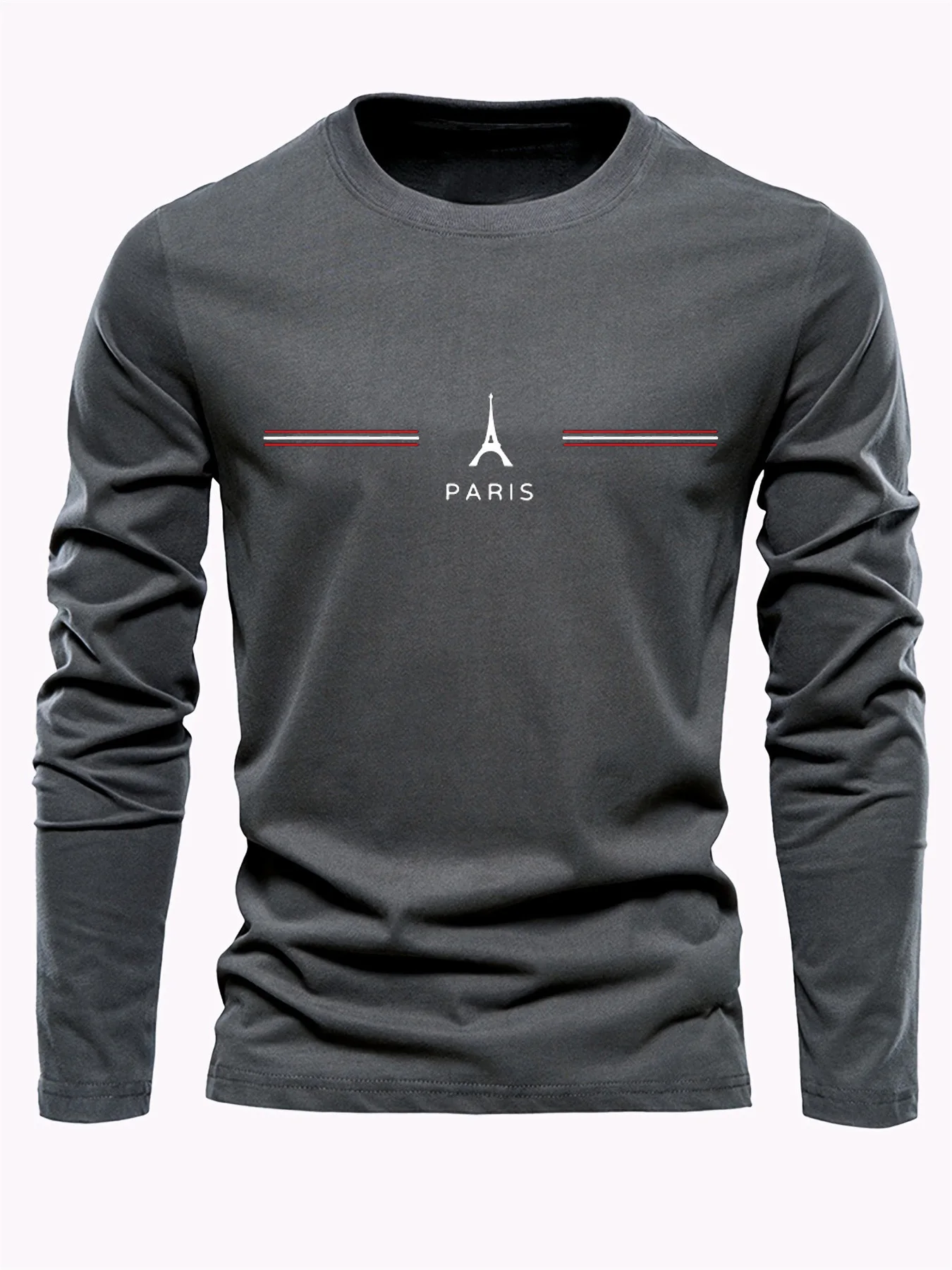 Men's 100% Pure Cotton Loose Fit Plus Size Comfortable Casual Sports Paris Letter Printed Round Neck Long Sleeved T-Shirt Top