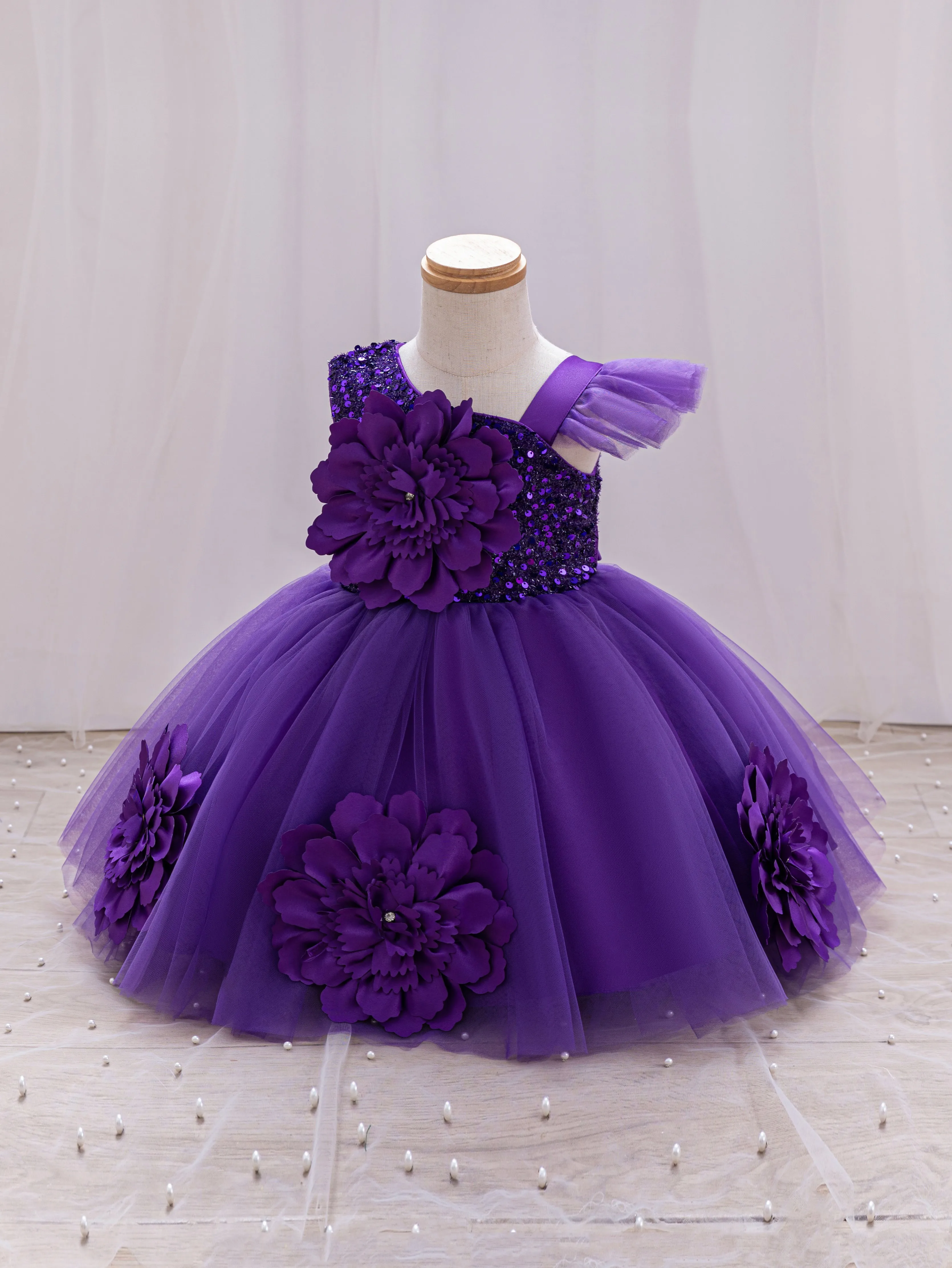 Elegant Girl Princess Dress Small Flying Sleeves Asymsymmetrical Straps Formal Occasion Girl Dress Sequin Wedding Dress Party Gi